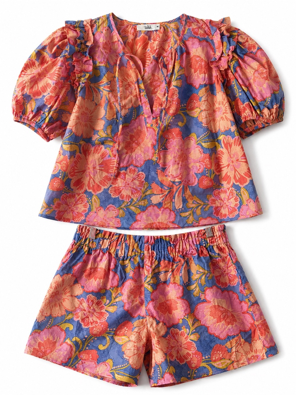 Talulah Floral Cotton Top & Shorts Set M/L Puff Sleeve Matching Outfit
